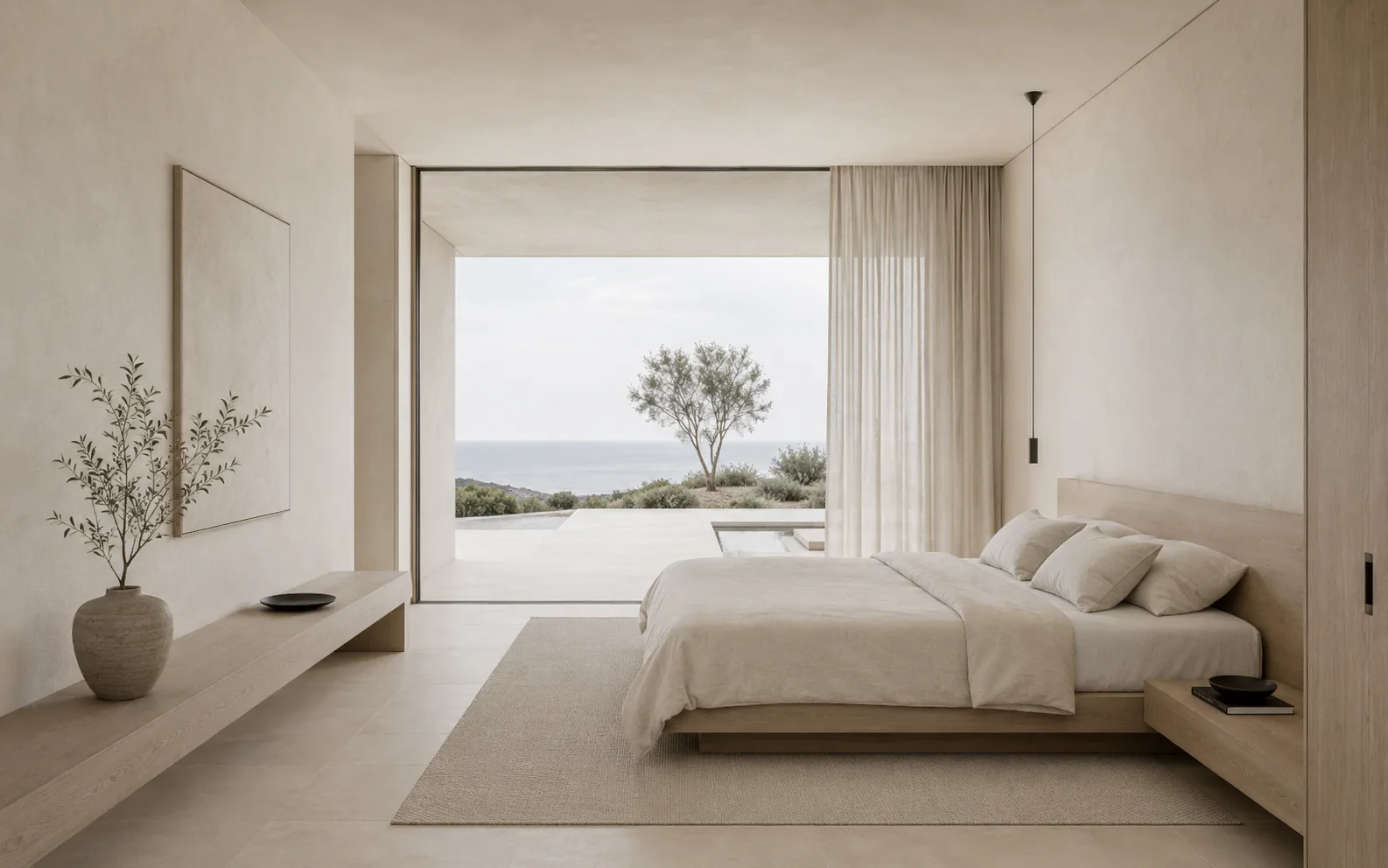 Camera da letto essenziale nei toni neutri